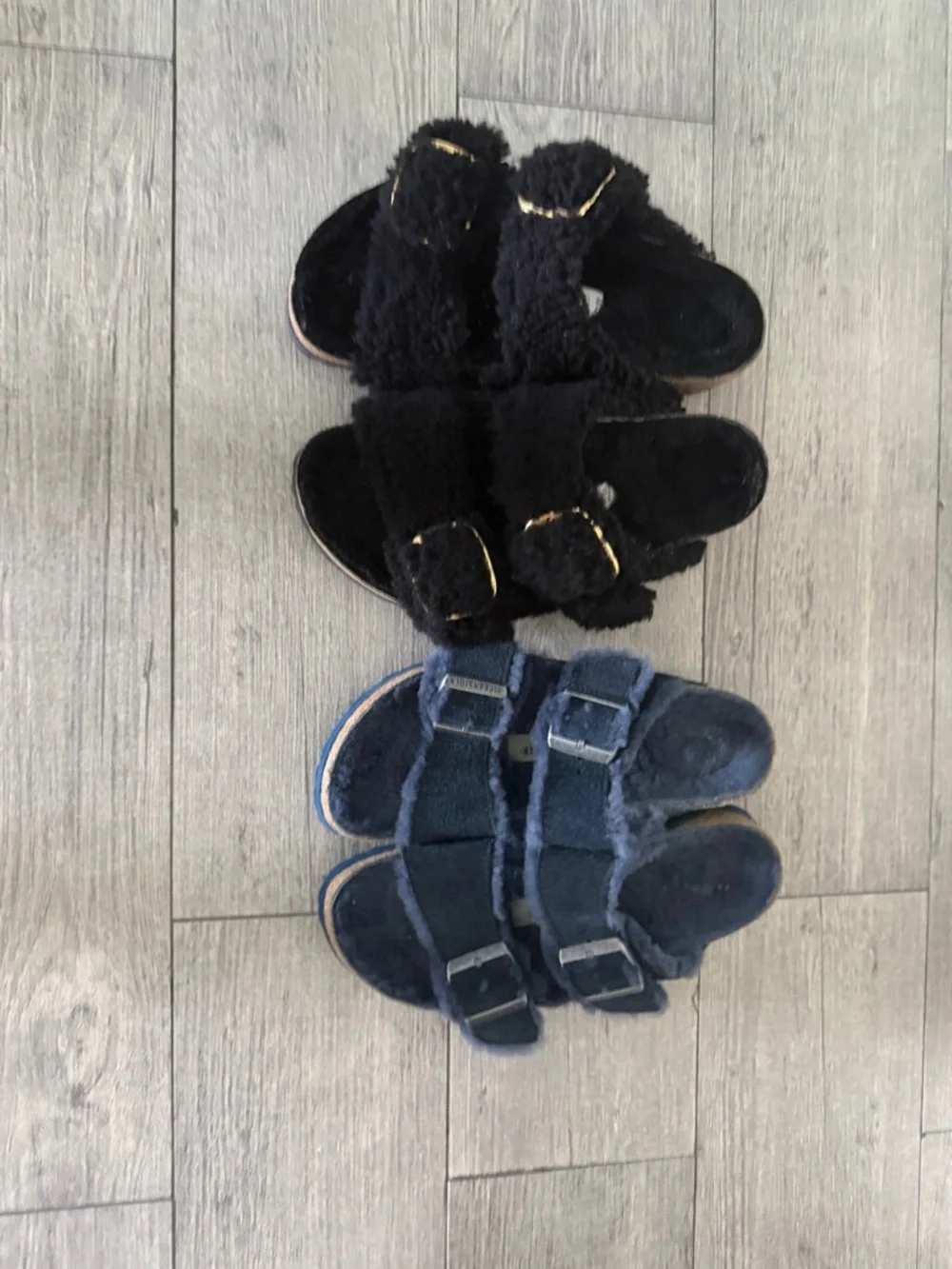 Womens Birkenstock Arizona Sherling & Big Buckle Lot 37 6.5 7 Black & Navy - Picture 1 of 7